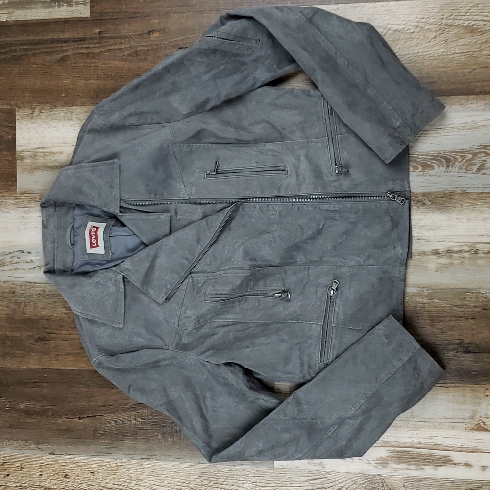 Levis Gray Nubuck Genuine Leather Moto Jacket Size Large.